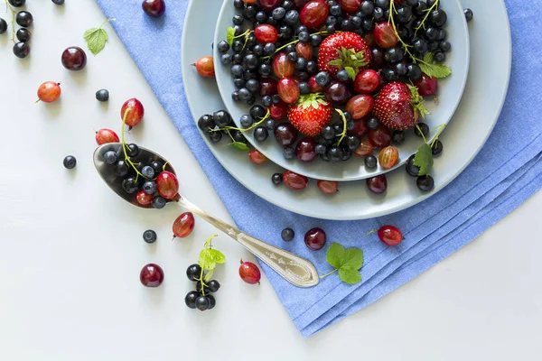 Fruit Salad Strawberry Blueberry Cherry Gooseberry Black Currant Wooden Gray — Stock Photo, Image