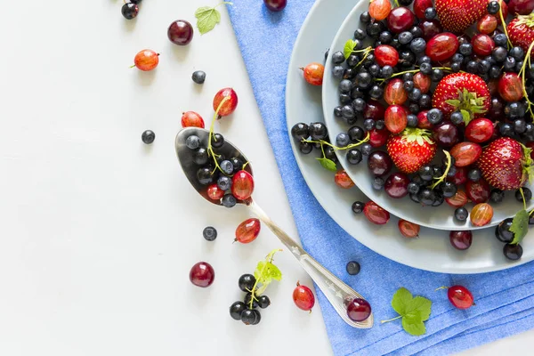 Fruit Salad Strawberry Blueberry Cherry Gooseberry Black Currant Wooden Gray — Stock Photo, Image