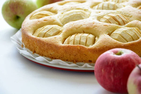 Homemade Apple Pie Gray Wooden Desk — Stock Photo, Image