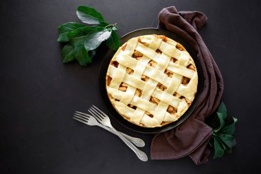 Klasik Amerikan elmalı turta koyu ahşap zemin üzerine taze pişmiş. Üstten görünüm. Kopya alanı