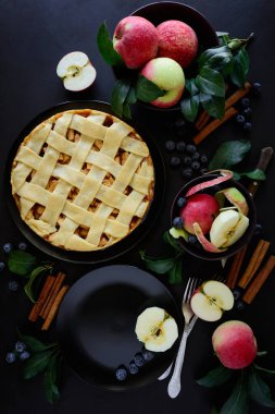 Amerikan geleneği apple pie elma, yaban mersini ve tarçın ile elma yaprakları koyu ahşap zemin üzerine dekore edilmiştir. Üstten görünüm. Düz yatıyordu. Natürmort.