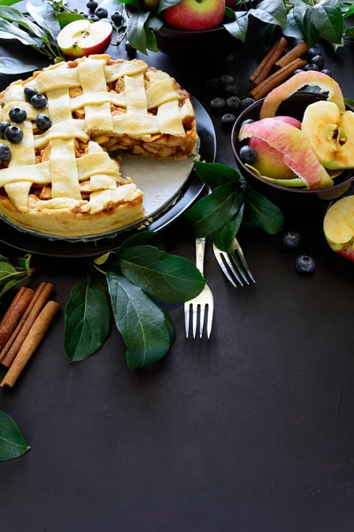 Американська Традиція Яблучний Пиріг Яблуками Чорниця Кориця Оформлені Apple Листя — стокове фото