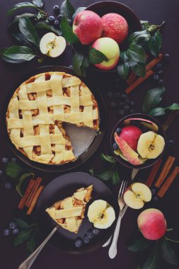 Amerikan geleneği apple pie elma, yaban mersini ve tarçın ile elma yaprakları koyu ahşap zemin üzerine dekore edilmiştir. Üstten görünüm. Düz yatıyordu. Natürmort. Tonda