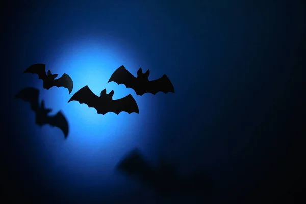 Morcegos Papel Preto Voando Sobre Fundo Azul Escuro Conceito Halloween — Fotografia de Stock