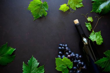Bir şişe kırmızı şarap, üzüm ve koyu ahşap arka plan üzerinde yalan yaprak. Üstten görünüm. Düz yatıyordu. Kopya alanı