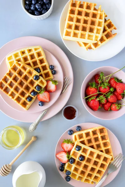 Belgian waffles with strawberries and blueberries on pink plate on gray wooden background. Top view. Copy space