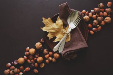 Sofra, ceviz, fındık, kestane ve meşe palamutları koyu ahşap zemin üzerinde. Şükran günü tatil kavramı. Üstten görünüm. Düz yatıyordu. Uzay kopyalayın. Tonda