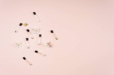 Parfüm örnekleri ve pembe bir arka plan üzerinde beyaz çiçekler. Üstten görünüm. Kopya alanı