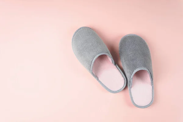 Gray Pink Home Slippers Pastel Paper Background Top View Copy — Stock Photo, Image