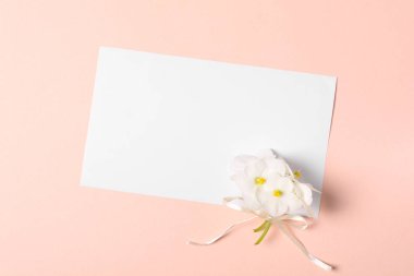 Mor çiçekler (viyola) ve pembe Kağıt arka plan boş tebrik kartında buket. Sevgililer günü kutlama kavramı. Üstten görünüm. Düz yatıyordu. Mock-up