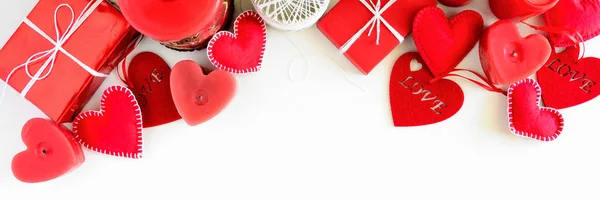 Present Box Felt Love Hearts Candles White Wooden Background Valentine — Stock Photo, Image