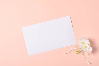 Mor çiçekler (viyola) ve pembe Kağıt arka plan boş tebrik kartında buket. Sevgililer günü kutlama kavramı. Üstten görünüm. Düz yatıyordu. Mock-up