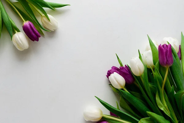 Bouquet of white and purple tulips on white wooden background. Top view. Flat lay. Copy space. Valentines day, mothers day, birthday, wedding celebration concept.