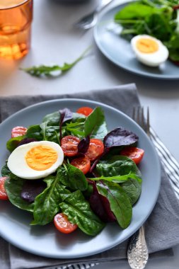 Salata karışımı ile ıspanak, roka, pancar yaprakları, domates ve gri ahşap arka plan üzerinde yumurta. Vejetaryen yiyecekler kavramı. Seçici odak.