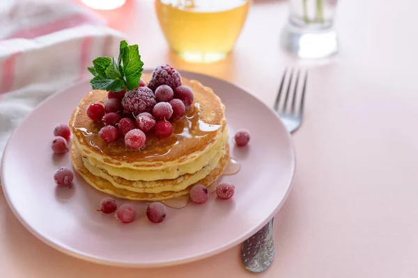 Stack Pancakes Frozen Raspberry Red Currant Honey Pink Background Selective — Stock Photo, Image