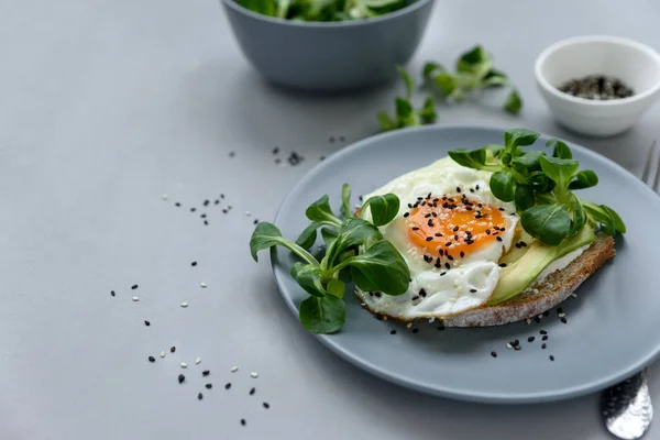 Torrada Sanduíche Com Creme Queijo Abacate Ovo Frito Verduras Fundo — Fotografia de Stock