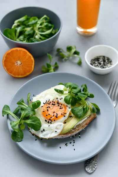 Torrada Sanduíche Com Creme Queijo Abacate Ovo Frito Verduras Fundo — Fotografia de Stock