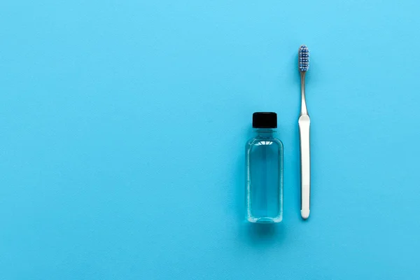 Close Dental Toothbrush Cleanser Blue Background Top View Dental Hygiene — Stock Photo, Image