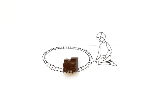 Dibujo Mano Lindo Niño Dibujos Animados Jugando Con Juguete Tren — Foto de Stock