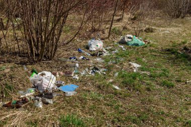 Atık plastik ve cam şişeler, paketler ve diğer atık türleri, kaçak bir parkta. Çevre kirliliği konsepti