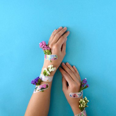 Deniz lavanta çiçekleri alçı ile mühürlü deri altından büyür. Üst te. Kopyalama alanı