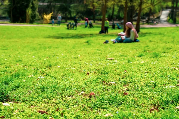 Fondo Vibrante Las Personas Parque Primavera Verano Enfoque Selectivo — Foto de Stock