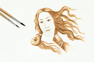 Venüs'ün el çizimi ile espresso fincan. Minimal, kahve sanatı veya yaratıcı konsept. Üstte görüntü