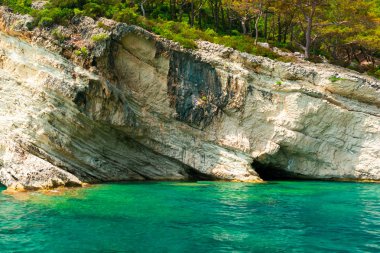 Toros Dağları'nın deniz manzarası çam ormanlarını kaplar. Seyahat konsepti.