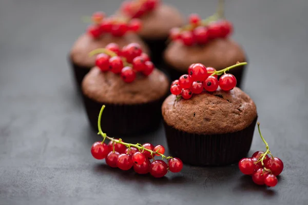 Muffin Cioccolato Decorati Bacche Ribes Rosso Sfondo Legno Scuro Piatto — Foto Stock