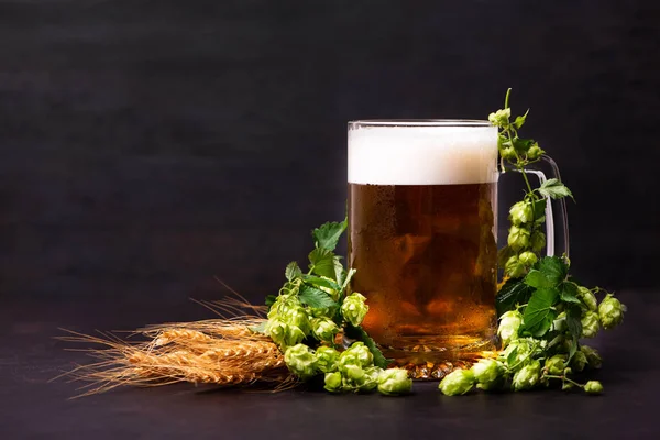 Mug of beer with wheat and hop cones on dark wooden background. October fest background