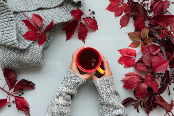 女人的手拿着茶杯 在灰色的木质背景上 用红叶的少女 葡萄或葡萄 顶部视图 — 图库照片