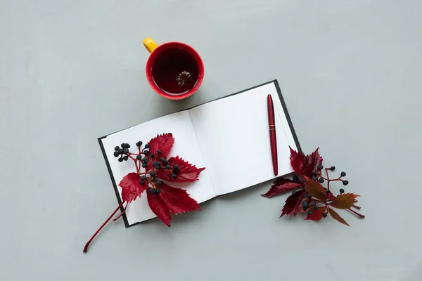 Чашка Чая Красными Листьями Девчачьего Дикого Винограда Открытая Пустая Блокнотная — стоковое фото