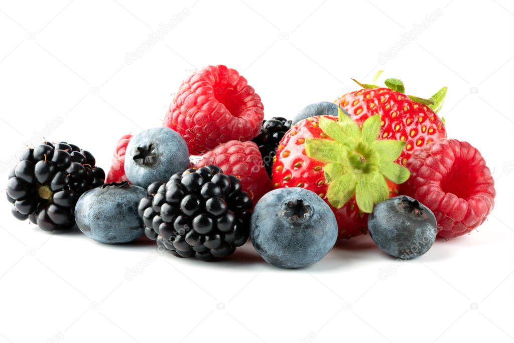 Ripe strawberries, raspberries,  blueberries and blackberries isolated on white background. Full depth of field