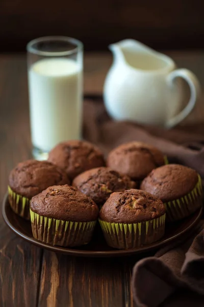 Close Chocolate Banana Muffins Milk Selective Focus — Stock Photo, Image