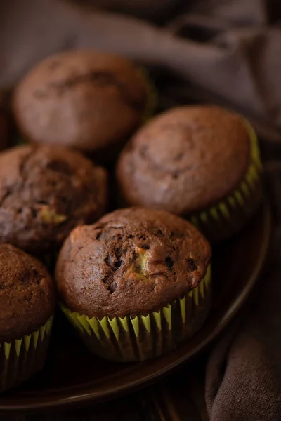 Detailní Čokoládové Banánové Muffiny Selektivní Zaměření — Stock fotografie