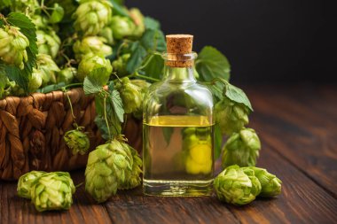 Tahta Yüzeyde Taze Hops ile Cam Şişede Zıpla