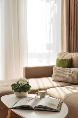 Kahve, kitap ve Afrika Menekşeli Konforlu Oturma Odası