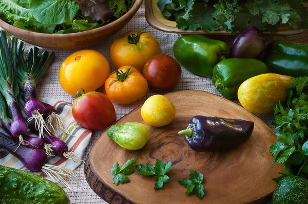 Kitchen Scene Just Washed Super Foods Including Cucumber Purple Onions — Stock Photo, Image