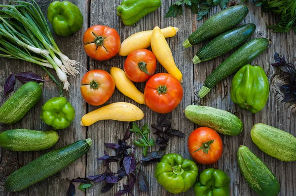 Overhead View Freshly Picked Produce Old Wood Background — Stock Photo, Image