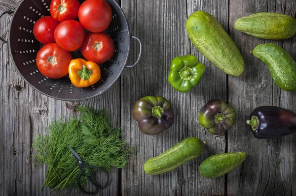 Cucumbers Peppers Tomatoes Dill Weed Rustic Wooden Board — Stock Photo, Image