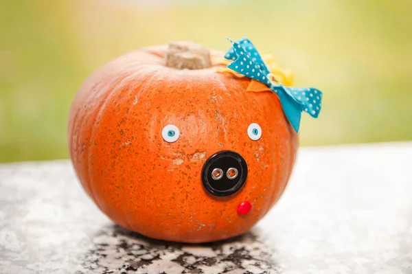 A Halloween pumpkin decorated as a pig with a bow.