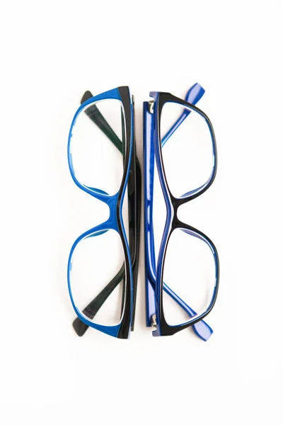 Óculos Óculos Moldura Azul Sobre Fundo Branco — Fotografia de Stock