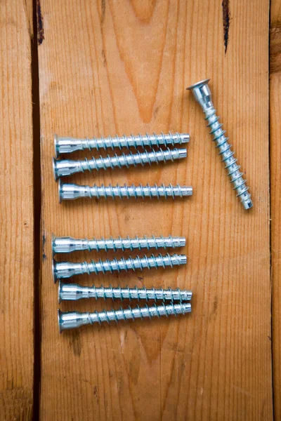 Some Metalware Wooden Background Self Tapping Screws Bolts — Stock Photo, Image