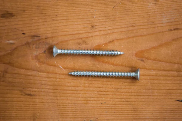 Metal Self Tapping Screws Wooden Background — Stock Photo, Image