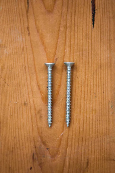 Metal Self Tapping Screws Wooden Background — Stock Photo, Image