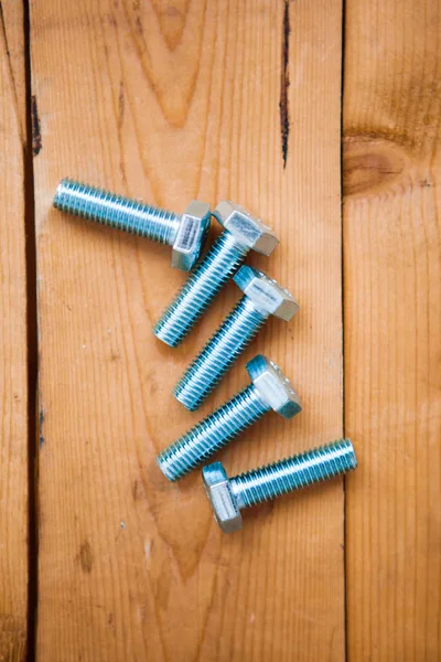 Some Metalware Wooden Background Self Tapping Screws Bolts — Stock Photo, Image