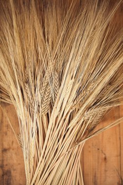 Ahşap arka planda sarı buğday, yakın çekim. Kurumuş bukleler