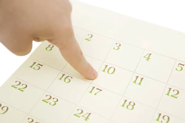 Dedo Femenino Que Muestra Fecha Calendario Sobre Fondo Blanco Número — Foto de Stock