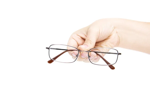 Die Hand Der Frau Hält Eine Brille Auf Weißem Hintergrund — Stockfoto