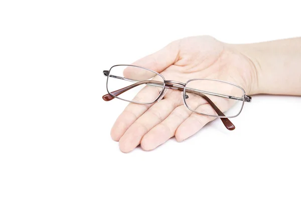 Mano Hembra Sosteniendo Cristal Sobre Fondo Blanco Gafas Mano Aislado —  Fotos de Stock